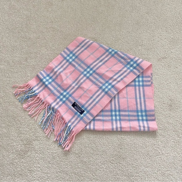 NEW Burberry Cashmere Pink Blue Plaid Scarf - Picture 2 of 5